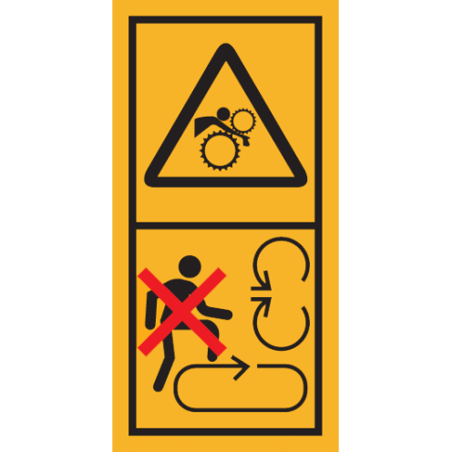 Machinemarkering sticker waarschuwing "Draaiende Delen, Gevaar voor hand en arm, Niet op Laadvloer gaan staan" volgens ISO 11684