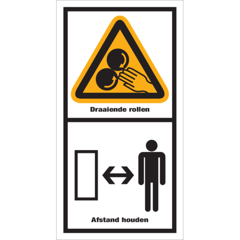 Sticker met pictogram en tekst "Draaiende Rollen - Afstand houden"
