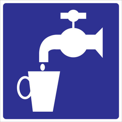 Blauwe sticker met pictogram kraan om drinkwater aan te duiden
