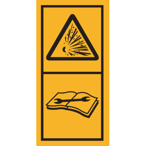 Machinemarkering sticker waarschuwing "Explosiegevaar, raadpleeg handleiding voor onderhoudsprocedure" volgens ISO 11684