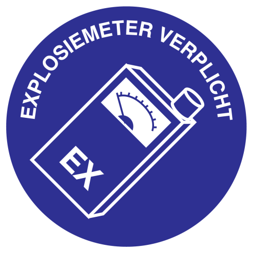 Blauwe sticker met pictogram en tekst om aan te duiden dat het gebruik van een explosiemeter verplicht is