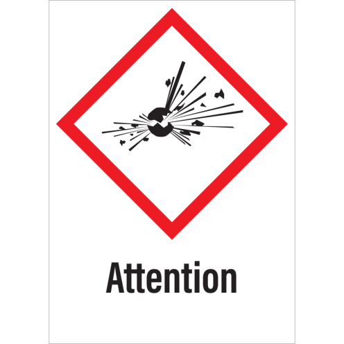 Sticker met pictogram "Explosieve Stoffen" en signaalwoord "Attention" - GHS 01