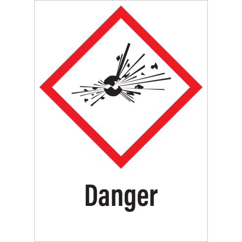 Sticker met pictogram "Explosieve Stoffen" en signaalwoord "Danger" - GHS 01