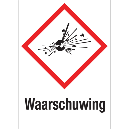 Sticker met pictogram "Explosieve Stoffen" en signaalwoord "Waarschuwing" - GHS 01