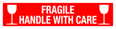Sticker met pictogram en tekst Fragile, handle with care rood