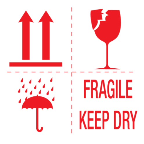 Sticker met pictogrammen Fragile, keep dry, this side up