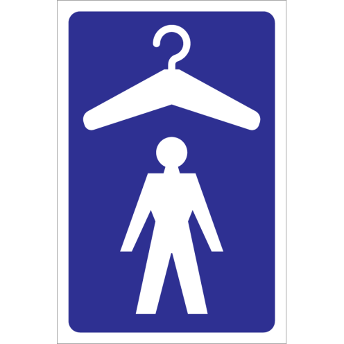 Blauwe sticker met pictogram voor het aanduiden van een garderobe voor heren