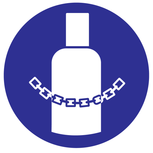 Blauwe sticker met pictogram om aan te duiden dat de gasflessen verankerd moeten worden - ISO7010 - M046