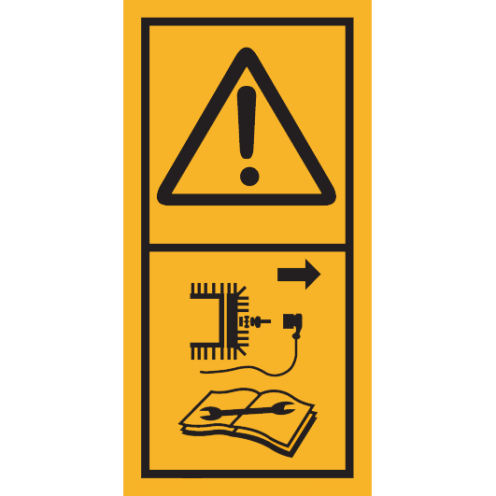 Machinemarkering sticker waarschuwing "Gevaar! Motor afzetten en bougie kap verwijderen voor reparatie en onderhoud" volgens ISO 11684