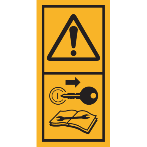 Machinemarkering sticker waarschuwing "Gevaar! Motor afzetten en sleutel verwijderen voor reparatie en onderhoud" volgens ISO 11684