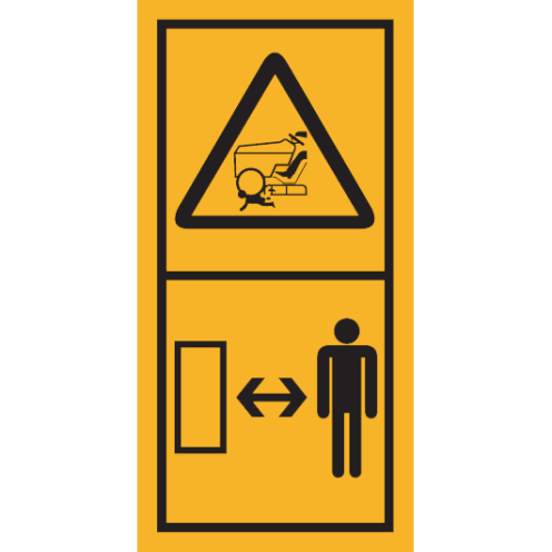 Machinemarkering sticker waarschuwing "Gevaar voor overrijden door maaier of tractor, veilige afstand tot machine houden" volgens ISO 11684