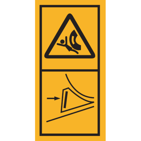 Machinemarkering sticker waarschuwing "Gevaar voor overrijden, Wielblok / Wielkeg plaatsen" volgens ISO 11684