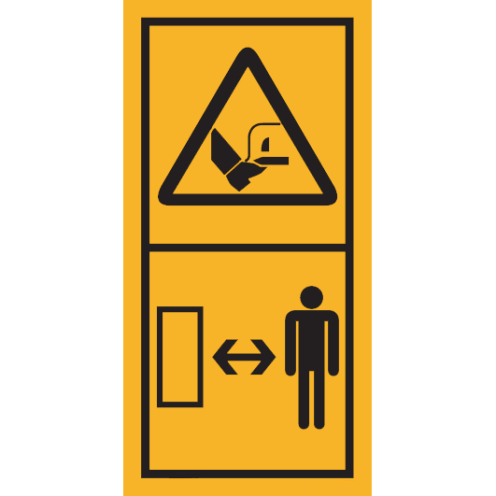 Machinemarkering sticker waarschuwing "Snijgevaar voor voeten of tenen door maaimes, veilige afstand houden tot machine" volgens ISO 11684