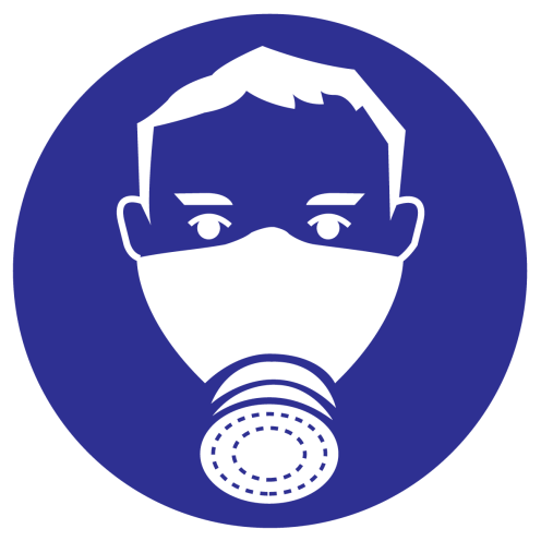 Blauwe sticker met pictogram om aan te duiden dat het dragen van een halfgelaatsmasker verplicht is