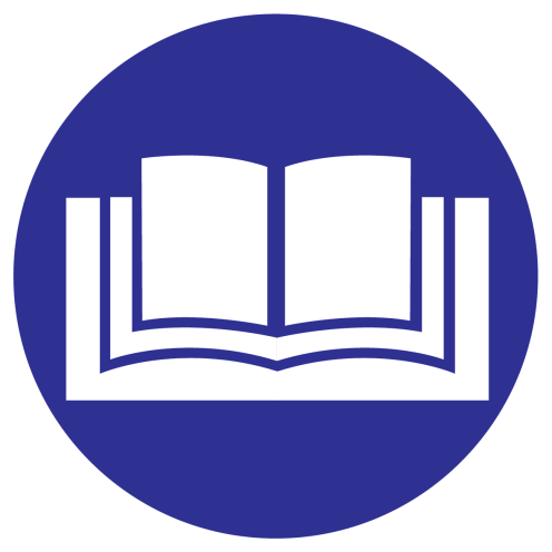 Blauwe sticker met pictogram om aan te duiden dat het raadplegen van de handleiding verplicht is