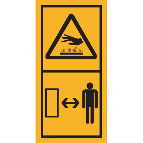 Machinemarkering sticker waarschuwing "Gevaar voor heet oppervlak, veilige afstand tot machine houden" volgens ISO 11684
