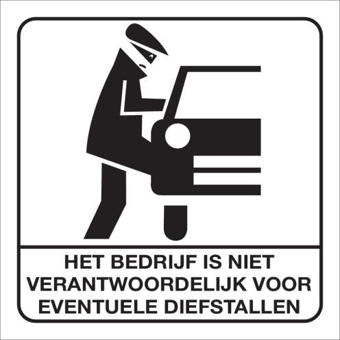 Witte sticker met pictogram om aan te geven dat het bedrijf niet aansprakelijk is bij autoinbraak