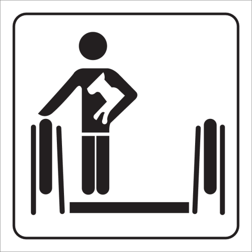 Witte sticker met pictogram voor het aanduiden van een hond optillen op de roltrap