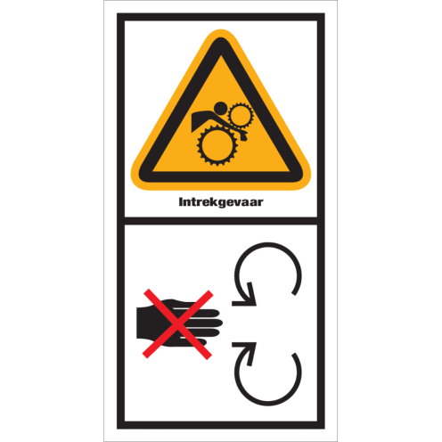 Sticker met pictogram en tekst "Intrekgevaar, gevaar voor handen"