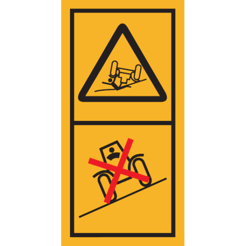Machinemarkering sticker waarschuwing "Gevaar voor kantelen, geen rolbeugel (ROPS) aanwezig" volgens ISO 11684