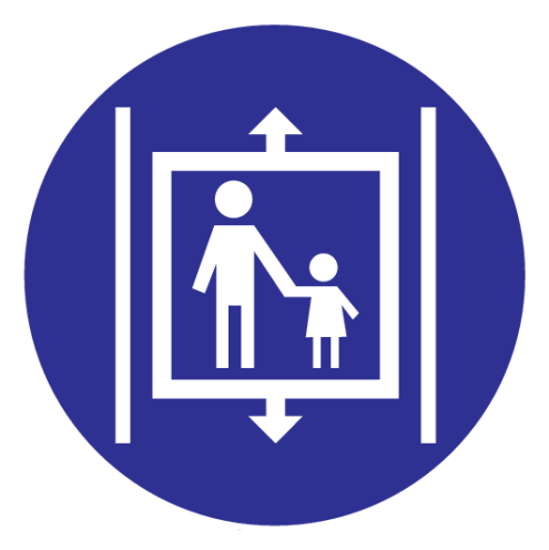 Blauwe sticker met pictogram om aan te duiden dat kinderen alleen in de lift mogen onder begeleiding