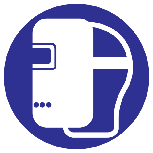 Blauwe sticker met pictogram om aan te duiden dat een laskap verplicht is - ISO7010 - M019
