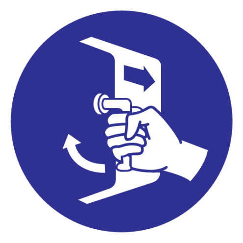 Blauwe sticker met pictogram om aan te duiden dat de luiken gesloten en beveiligd moeten worden