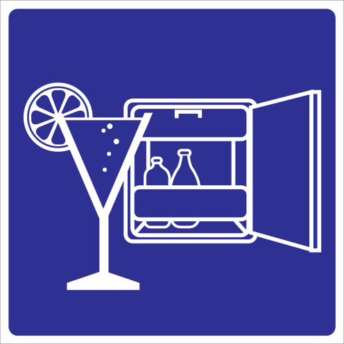 Blauwe sticker met koelkast voor het aanduiden van een minibar