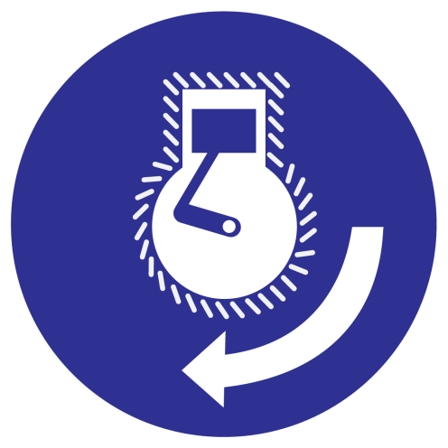 Blauwe sticker met pictogram om motor starten aan te duiden in volgorde