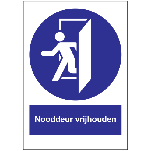 Sticker met pictogram en tekst Nooddeur Vrijhouden NEN 3011