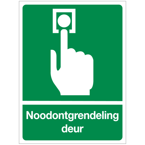 Sticker met pictogram en tekst Noodontgrendeling Deur