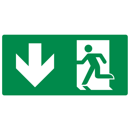 Sticker met pictogram nooduitgang omlaag linkerhand ISO 7010