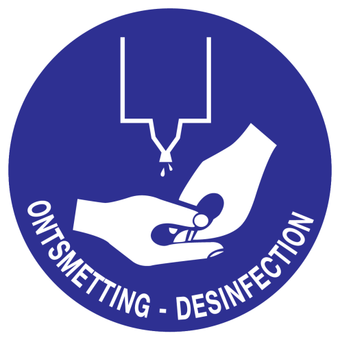 Blauwe sticker met pictogram en tekst om aan te duiden dat ontsmetting van de handen verplicht is