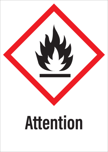 Sticker met pictogram "Ontvlambare Stoffen" en signaalwoord "Attention" - GHS 02