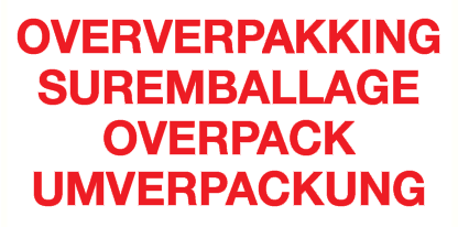 Sticker met tekst Oververpakking, suremballage, overpack, umverpackung