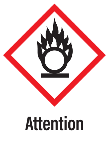 Sticker met pictogram "Oxiderende Stoffen" en signaalwoord "Attention" - GHS 03