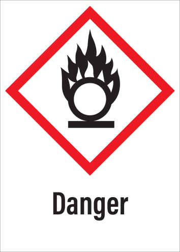 Sticker met pictogram "Oxiderende Stoffen" en signaalwoord "Danger" - GHS 03