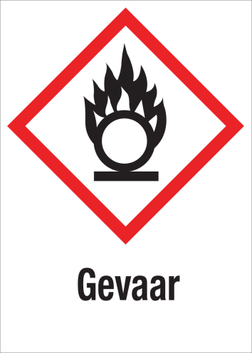 Sticker met pictogram "Oxiderende Stoffen" en signaalwoord "Gevaar" - GHS 03