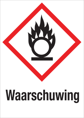 Sticker met pictogram "Oxiderende Stoffen" en signaalwoord "Waarschuwing" - GHS 03