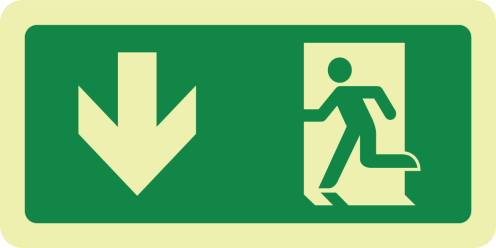 Fotoluminescerende sticker met pictogram nooduitgang naar beneden linkerkant openen ISO 7010