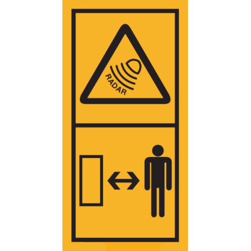 Machinemarkering sticker waarschuwing "Gevaar voor radar, veilige afstand tot machine houden" volgens ISO 11684