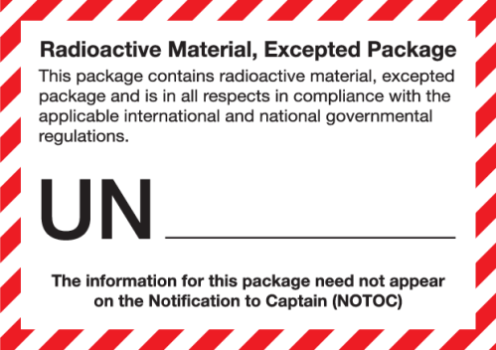 Sticker met tekst Radioactive material, excepted package