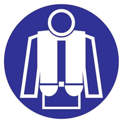 Blauwe sticker met pictogram om aan te duiden dat het dragen van een zwemvest verplicht is