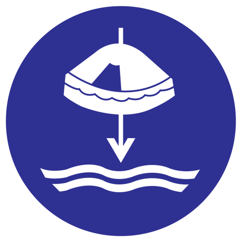Blauwe sticker met pictogram om aan te duiden dat het reddingsvlot laten zakken