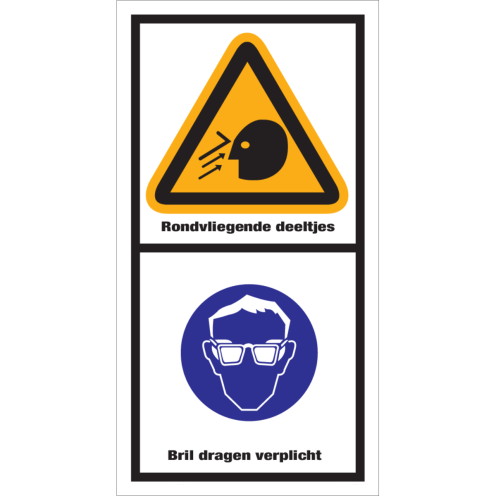 Sticker met pictogram en tekst "Rondvliegende deeltjes, bril dragen verplicht"