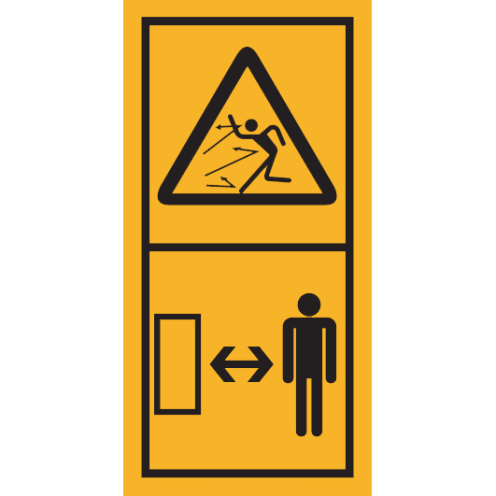 Machinemarkering sticker waarschuwing "Rondvliegende delen, gevaar voor hele lichaam, afstand houden tot machine" volgens ISO 11684