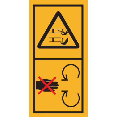 Machinemarkering sticker waarschuwing "Gevaar voor afsnijden van vingers of tenen, roterende messen, verwijder veiligheidsscherm niet" volgens ISO 11684