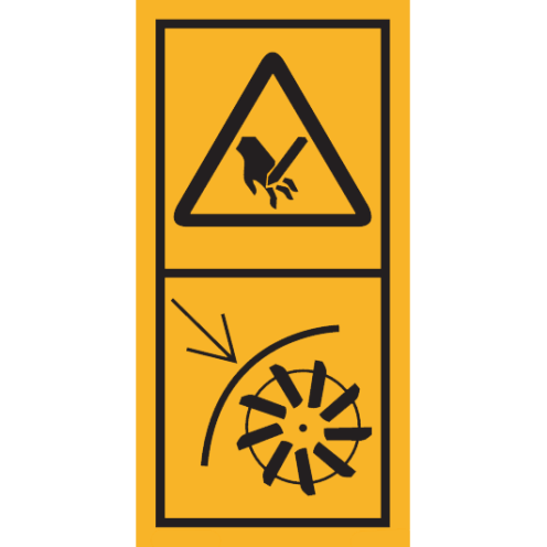 Machinemarkering sticker waarschuwing "Stekende Delen, snijgevaar voor vingers of hand, Plaats veiligheidsscherm" volgens ISO 11684