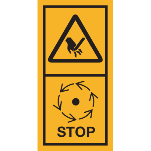 Machinemarkering sticker waarschuwing "Stekende Delen, snijgevaar voor vingers of hand, wacht tot alle onderdelen stil staan" volgens ISO 11684