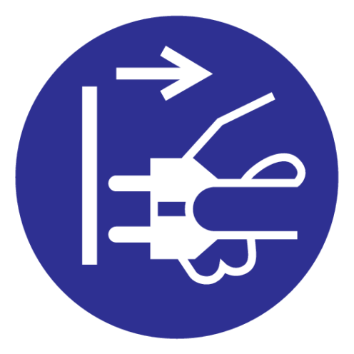 Blauwe sticker met pictogram om aan te duiden dat het verplicht is om de stekker uit het stopcontact te halen - ISO7010 - M006